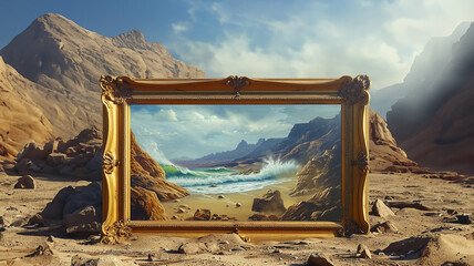 climate change concept nature spring atmosphere antique frame on the desert sand
