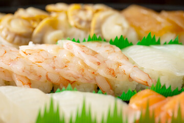 Different types of sushi on a plate	