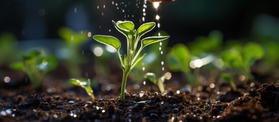 close up of a hand dripping liquid using a dropper onto a young plant growing in the ground - obrazy, fototapety, plakaty