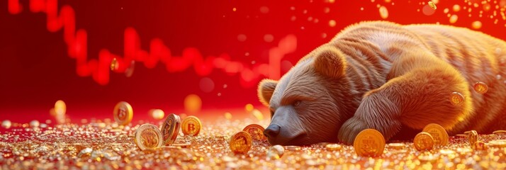 Sad unhappy Bear laying down on gold coins with red trading graph background, Bearish divergence in stock market and cryptocurrency trading