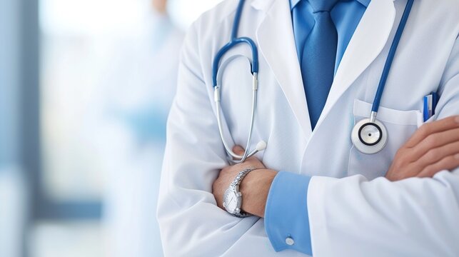 Close-up a doctor with stethoscope in white coat posing with arms crossed isolated on blurred background. Cropped view.