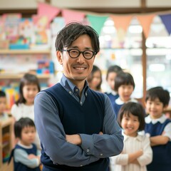 Smiling Japanese or Korean Male Elementary School Teacher: Professional Square Photo in Classroom Setting