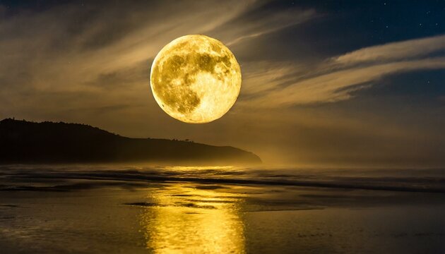 full moon over the sea, The golden moon hung low in the night sky, casting a warm glow over the landscape.
