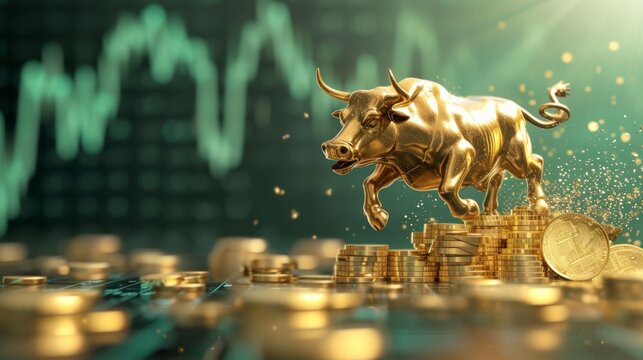 Happy Bull jumping on gold coins with green trading graph background, Bullish divergence in stock market and cryptocurrency trading concept