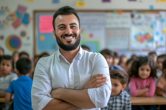 Confident Arab Male Elementary School Teacher: Professional Photo (Horizontal 3:2) with Ample Copy Space
