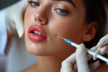 syringe botox injection aestethic skin care, woman injection botokx in lips