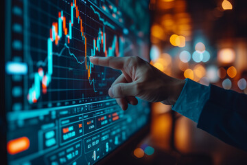 businessman hand pointing to stock market graph
