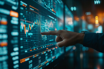 businessman hand pointing to stock market graph