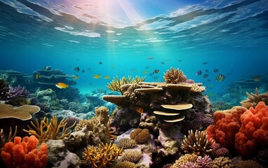 Realistic photo of a beautiful wide angle underwater sea view, this coral reef is in healthy condition. The diversity is extraordinary and the marine life. generative ai