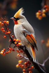 A bird sitting on top of a tree branch. Bohemian waxwing bird. Generative AI.