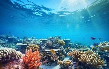 Realistic photo of a beautiful wide angle underwater sea view, this coral reef is in healthy condition. The diversity is extraordinary and the marine life. generative ai