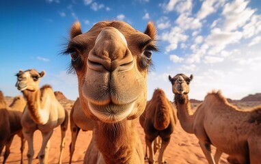 realistic photo of Camels in the Jordanian desert close up. Camel photo. generative ai