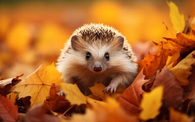 realistic photo Autumn orange leaves with hedgehog. European hedgehog, Erinaceus europaeus. generative ai