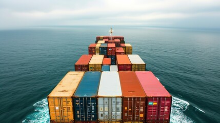 An aerial view of a container ship carrying containers on the high seas. The business of export import logistics and international transportation concept.