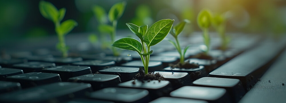Plants growing from keyboard closeup.Green power.