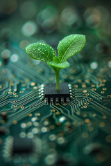 A small plant grows on an electronic circuit board.Green power concept