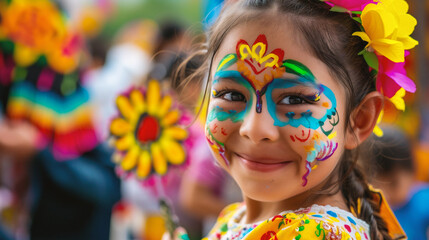 Portrait of cute little girl with face painting and flowers in her hair