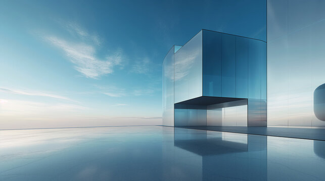 3d render of abstract futuristic glass architecture with empty concrete floor