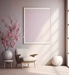modern living room with sofa chair and empty frame in wall,vase with plant in it , window, home interior design, couch, beige white and violet ,sun light,mockup,Sakura (Cherry Blossoms)