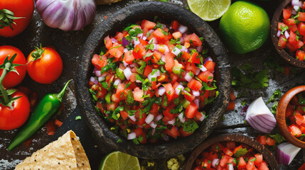 Traditional mexican salsa with ingredients on rustic wooden background.