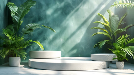 A white circular platform with a green wall in the background and potted plants on each side.