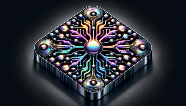 Stylized metallic CNN with iridescent sheen and retro-digital motifs in dramatic lighting.