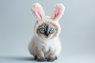 Fototapeta premium A cute cat, adorably dressed in a fluffy bunny ears hat, gazes upwards with big, soulful eyes against a soft grey background.