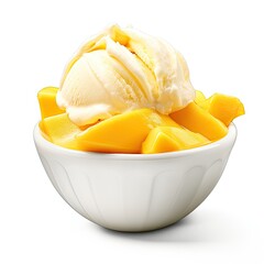 Photo of mango ice cream in a cup isolated on white background