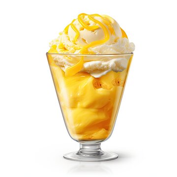 Photo of mango ice cream in a cup isolated on white background