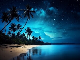 Tropical beach night sky with dark space on water and starry sky over palm trees