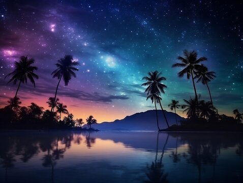 Tropical beach night sky with dark space on water and starry sky over palm trees