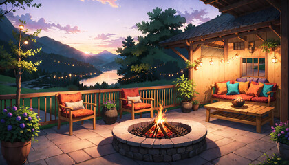 Night Terrace with fireplace and wooden furniture decorated in slow life theme - obrazy, fototapety, plakaty