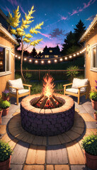 Night Terrace with fireplace and wooden furniture decorated in slow life theme