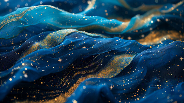 Ocean waves watercolor texture background. Unique blue and gold ocean waves and stars at night. Vita’s magic illustration mobile, web banner for copy space