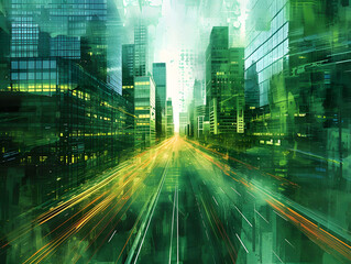 Fototapeta premium A cyber cityscape at night with bright green data lights and a highway.