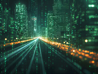 A cyber cityscape at night with bright green data lights and a highway.