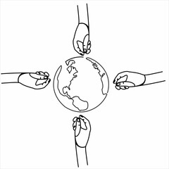 Continuous line drawing of hands holding Earth globe. Vector illustration isolated on white background