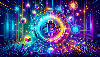 Obraz premium Whimsical Pop Futurism: Vibrant cryptocurrency news with digital networks and floating currency symbols.
