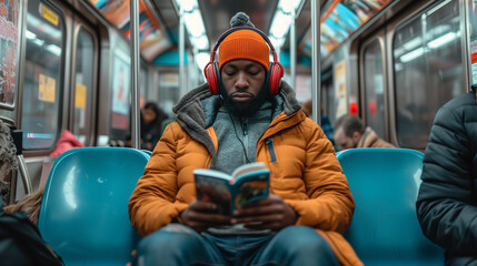 Black man reading a book while riding a subway train to work or school.