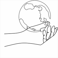 Continuous line drawing of hands holding Earth globe. Vector illustration isolated on white background