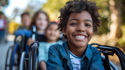 Black boy in a wheel chair leading a squad of his peers who are also disabled to the playground. - obrazy, fototapety, plakaty