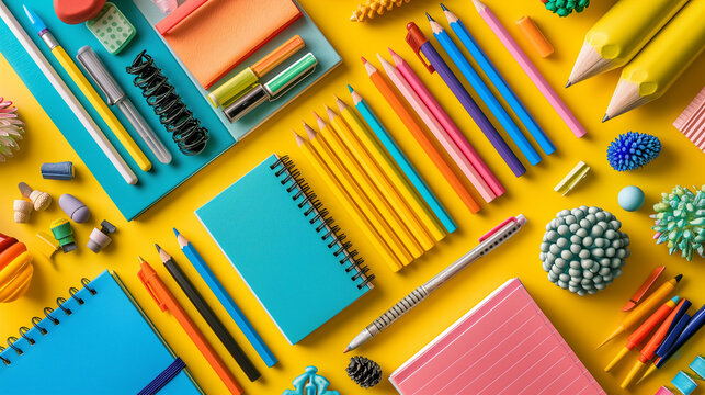 Stationary arrangement of colorful pens, pens and notebooks. Flat lay on yellow background.