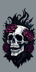 A red rose and skull symbolize the fleeting nature of life in this elegant t-shirt design.