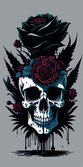The beauty of the red rose and the melancholy of a skull and flower splash merge in this elegant t-shirt design.