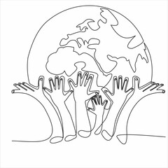 Continuous line drawing of hands holding Earth globe. Vector illustration isolated on white background
