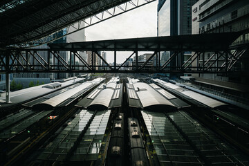 Train Station and Trains Arriving at Platforms 
