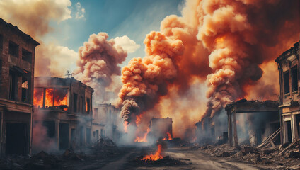 Smoke rise from burning bombed destroyed