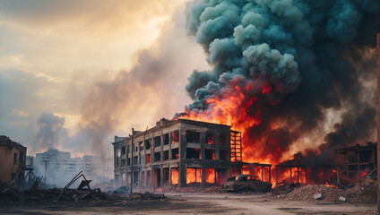 Smoke rise from burning bombed destroyed