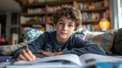 7th Grade boy student studying for exams inside a public library. 