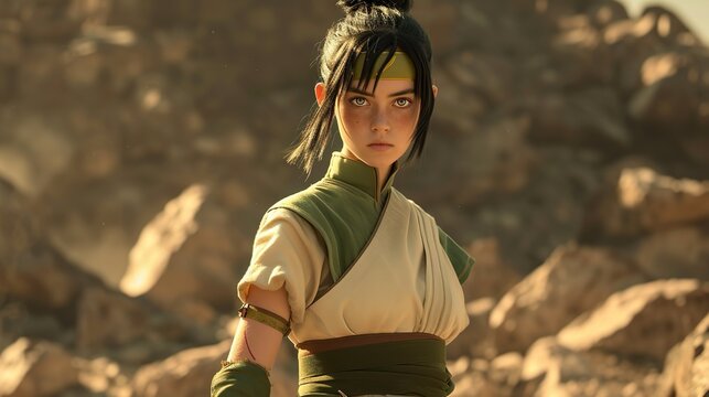 "Earthbending Elegance: Toph Beifong's Realistic Live Action Adaptation with Green Sleeves, Beige Shirt, and Iconic Elements Against a Rocky Backdrop."




